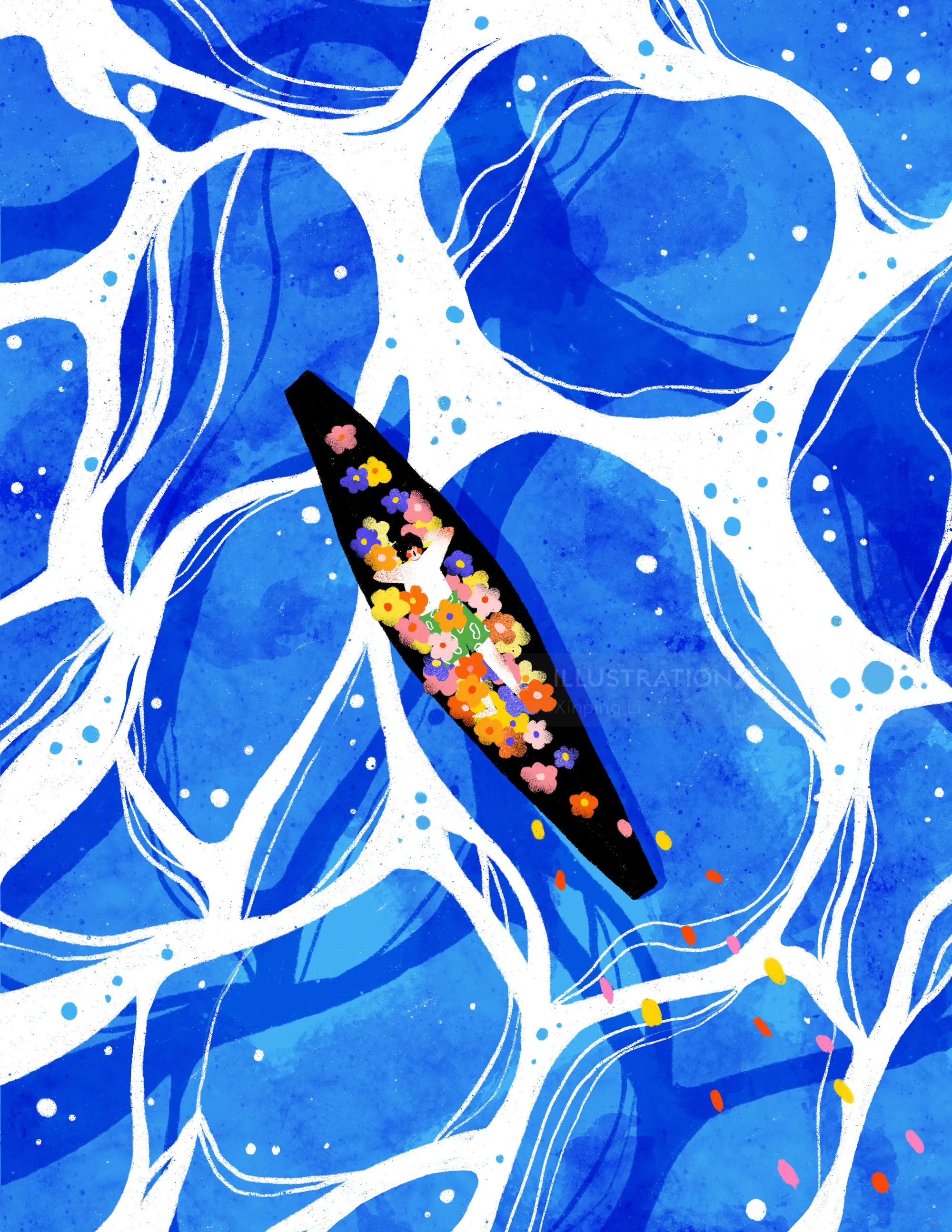 Boat filled with colorful flowers floating on blue ocean waves