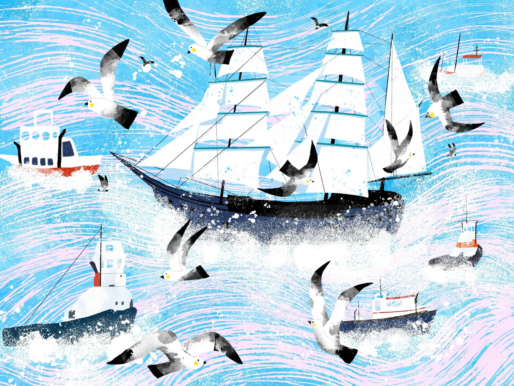 Sailing ship surrounded by seagulls and smaller boats on blue sea