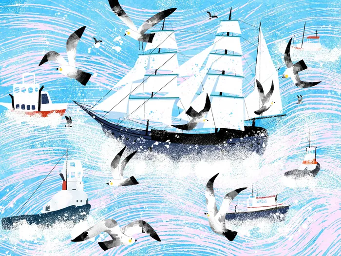 Sailing ship surrounded by seagulls and smaller boats on blue sea