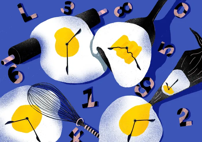 Fried eggs with clock hands and kitchen utensils on blue background