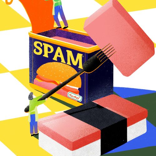 Illustration of SPAM can and sushi with people interacting