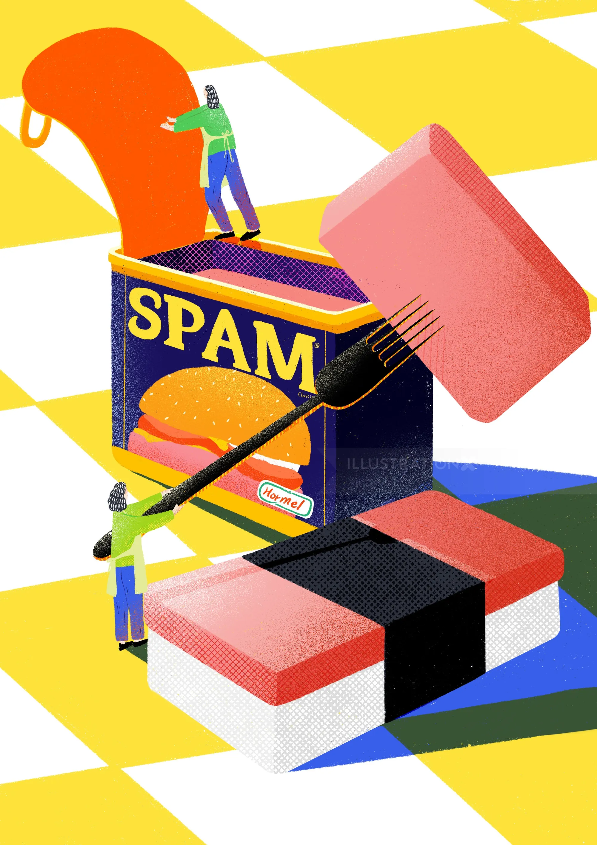 Illustration of SPAM can and sushi with people interacting