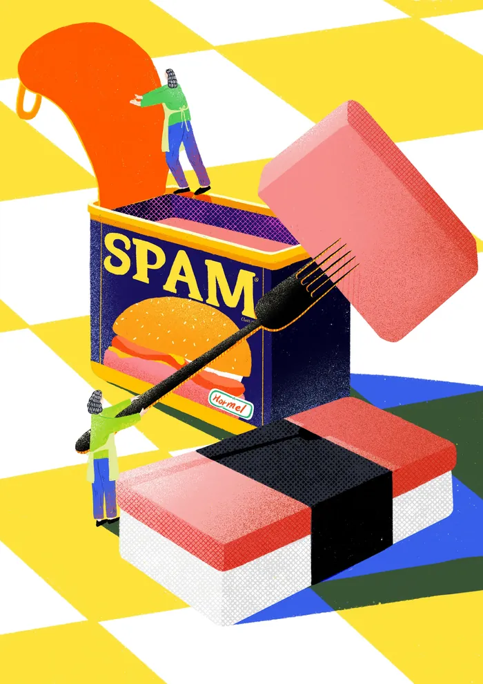 Illustration of SPAM can and sushi with people interacting
