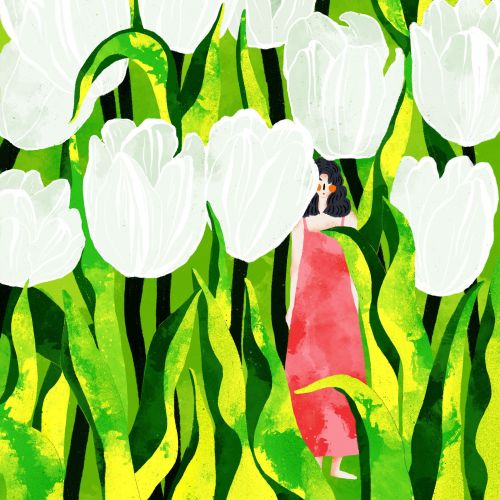 Woman in red dress among large white tulips in green field