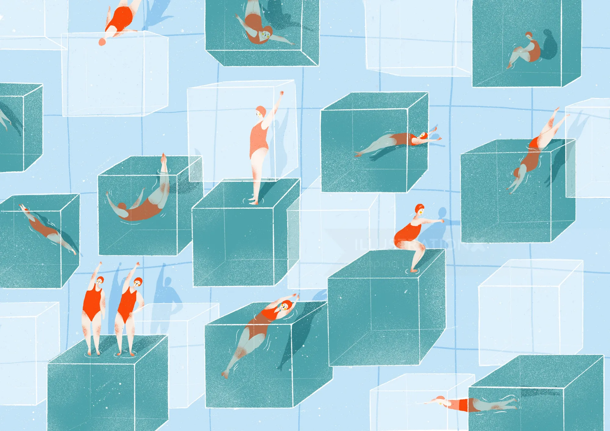 People swimming and diving in large transparent cubes in a pool