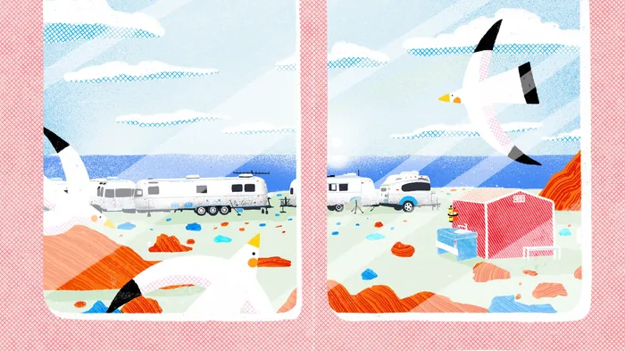 View outside train window showing seagulls, sea, rocks, and mountains