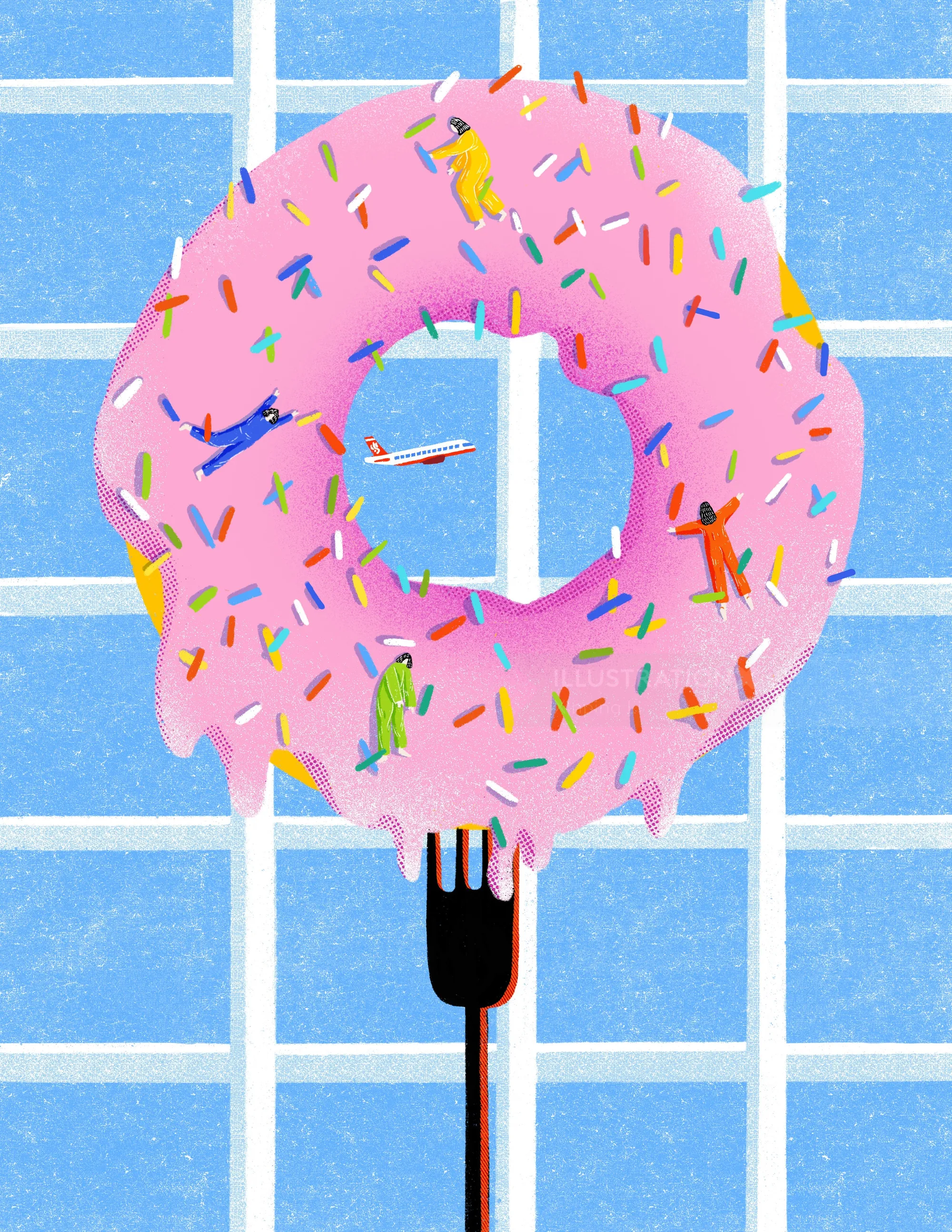 Pink frosted donut with colorful sprinkles and tiny people climbing on it