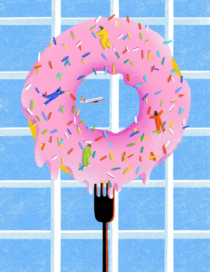 Pink frosted donut with colorful sprinkles and tiny people climbing on it