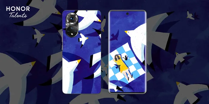 Smartphone with blue and white bird-themed artistic design