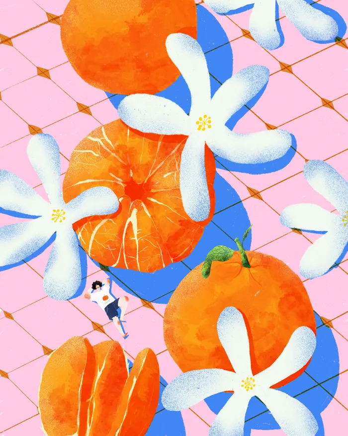 Bright oranges and white flowers on pink background with a small figure