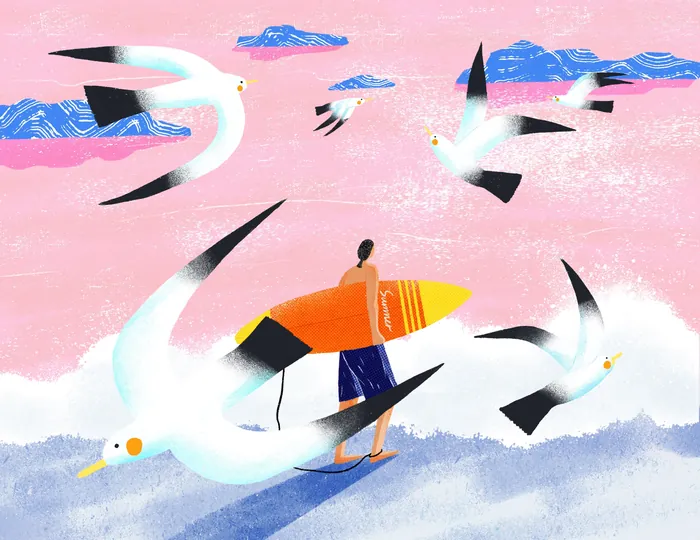 Person with surfboard walking on beach with seagulls flying