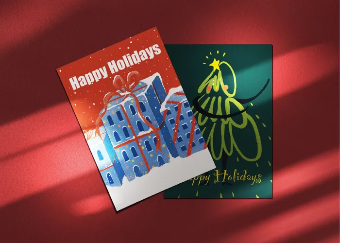 Two holiday greeting cards on red background, one with buildings, one with tree
