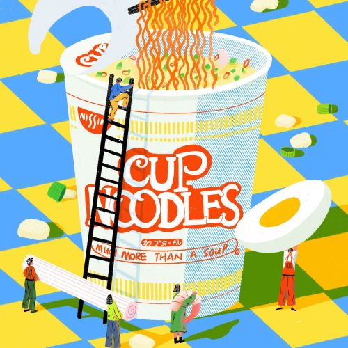 Giant Cup Noodles with people interacting and lifting noodles