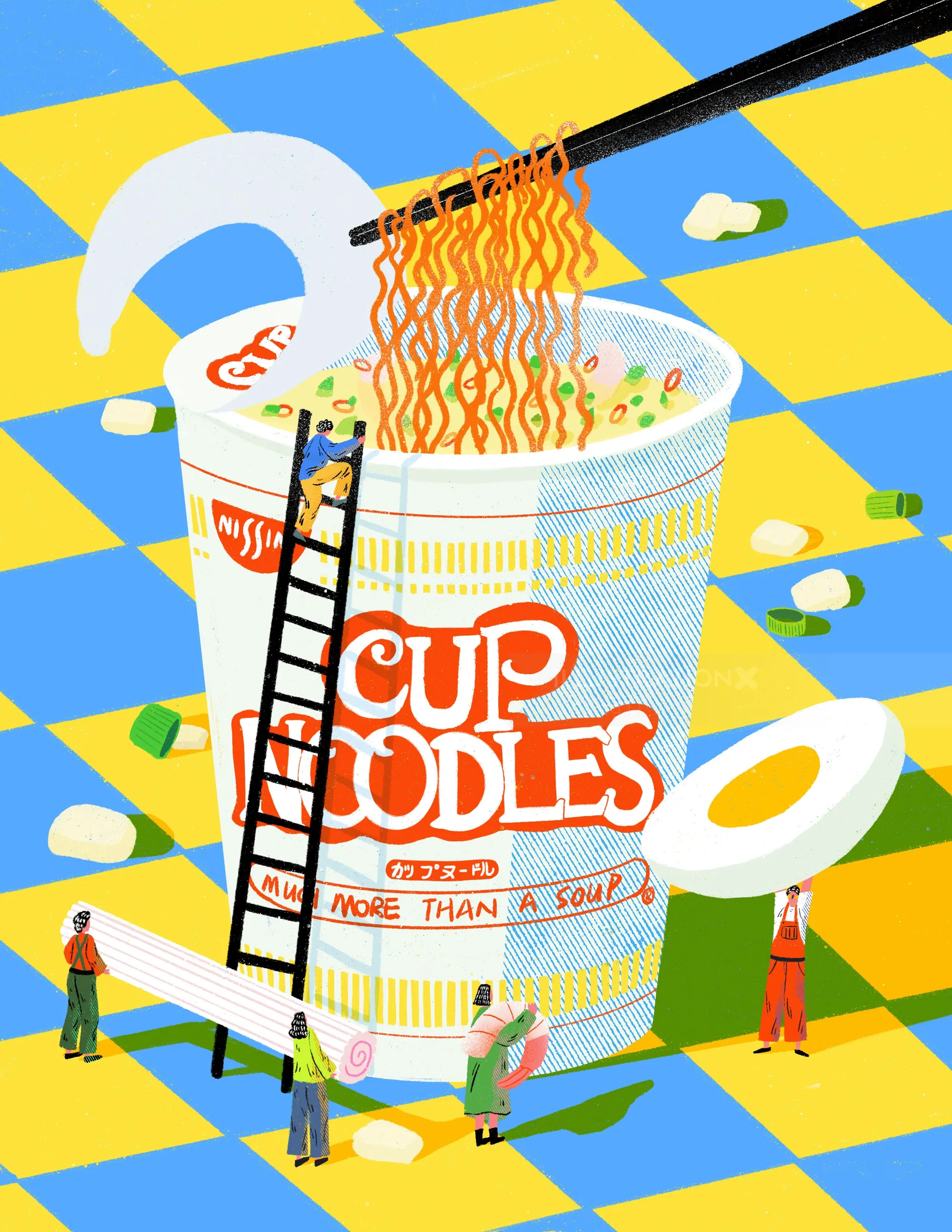 Giant Cup Noodles with people interacting and lifting noodles