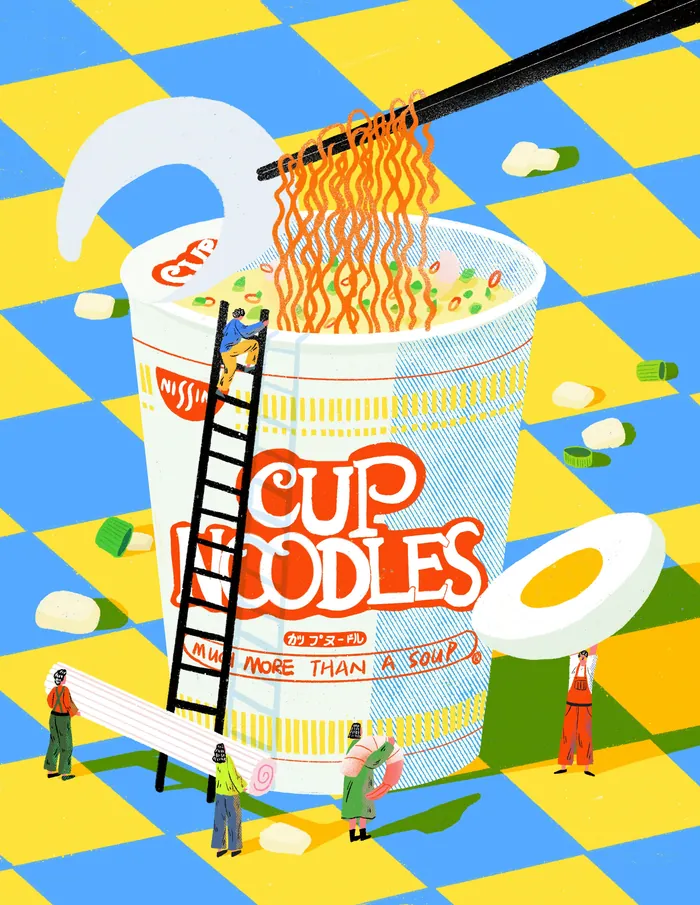 Giant Cup Noodles with people interacting and lifting noodles