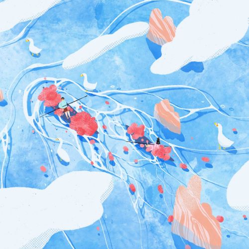 Colorful jellyfish floating among white clouds in blue sky
