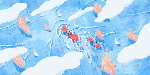 Translucent jellyfish with pink petals in blue, by Xinping Li