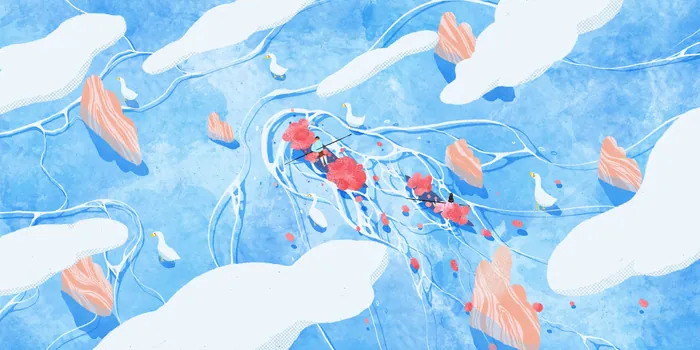 Colorful jellyfish floating among white clouds in blue sky