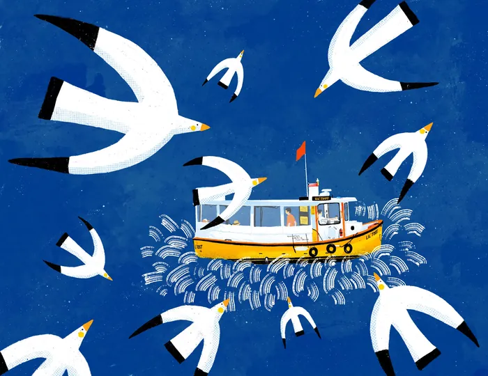 Yellow boat surrounded by flying white seagulls on blue water