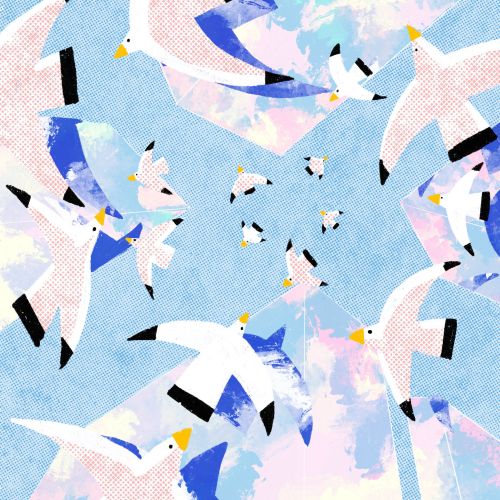 Abstract pattern of flying birds against a pastel sky background