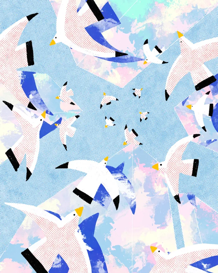 Abstract pattern of flying birds against a pastel sky background