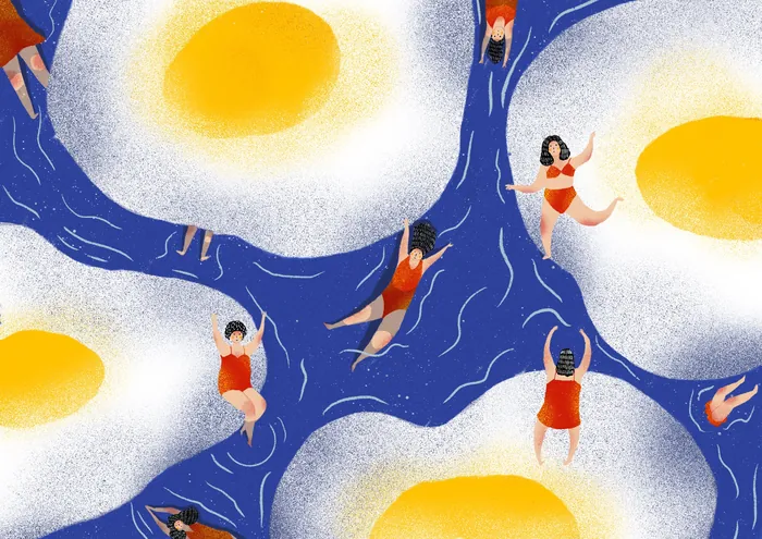 People swimming in a pool shaped like fried eggs