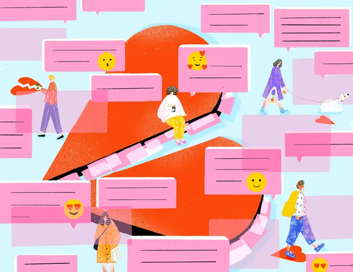 People interacting with a dating app interface and chat bubbles