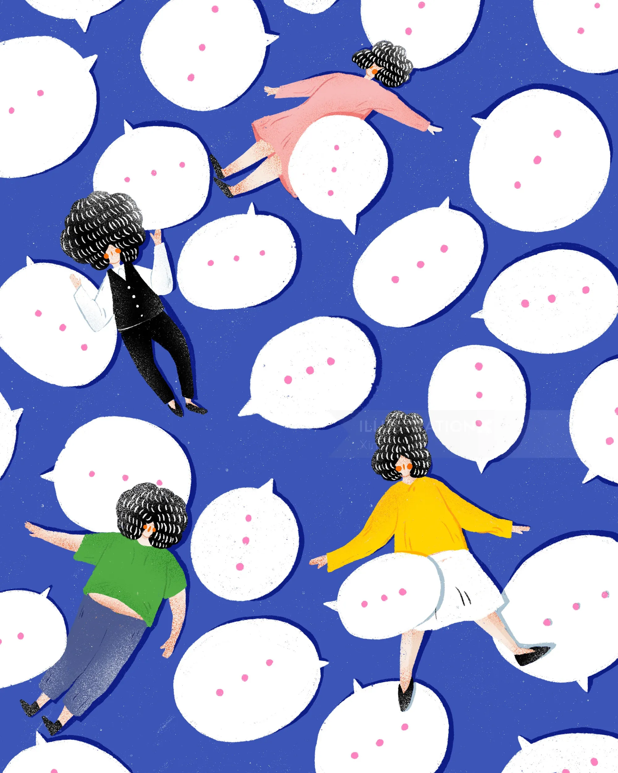 People floating among speech bubbles with ellipses on blue background