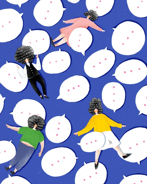 People floating among speech bubbles with ellipses on blue background