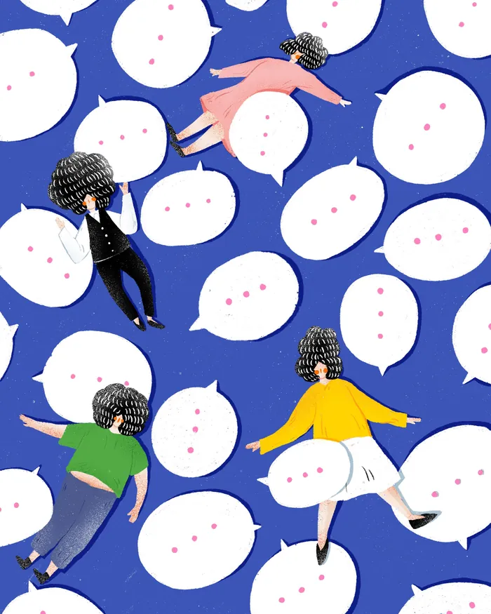 People floating among speech bubbles with ellipses on blue background