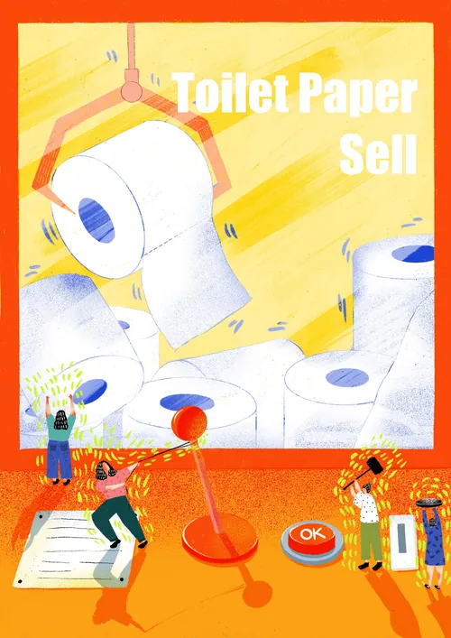 Claw machine grabbing toilet paper rolls with people around