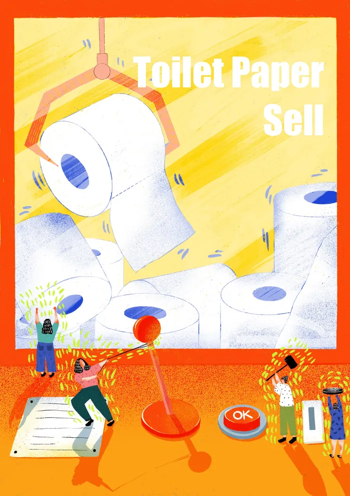 Claw machine grabbing toilet paper rolls with people around