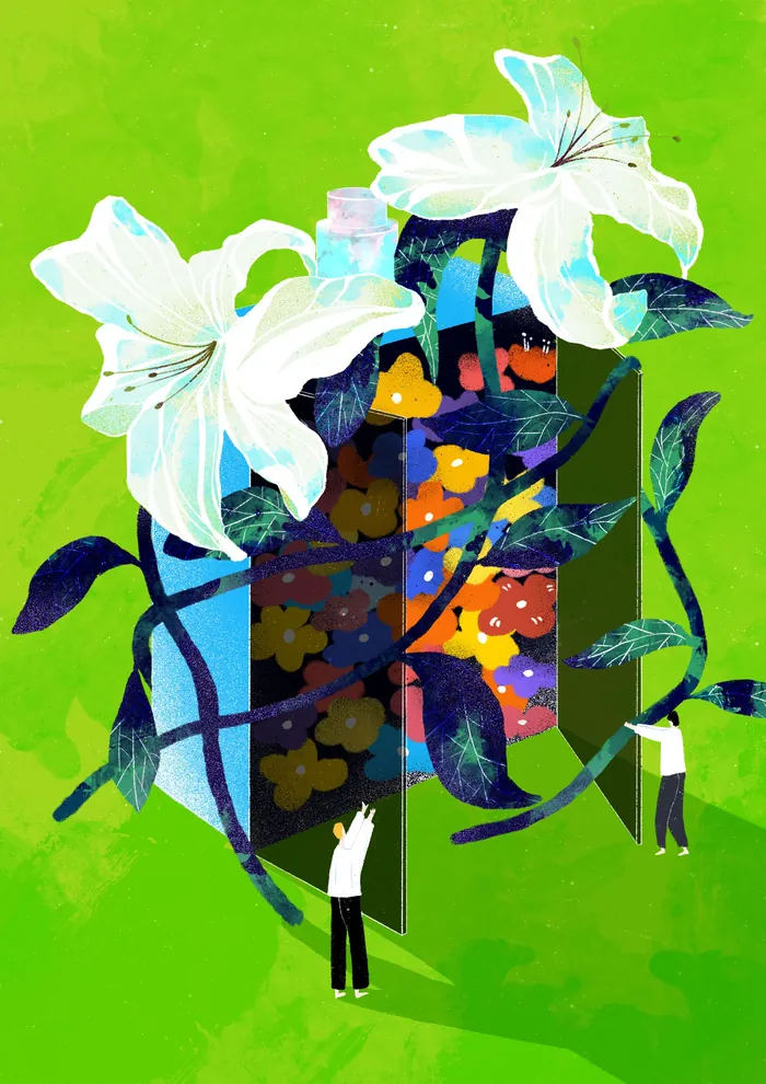 White lilies and colorful abstract shapes on green background