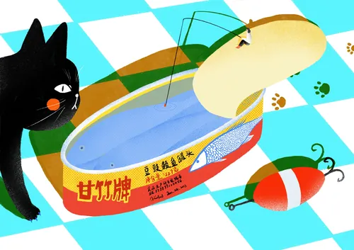 Black cat watching an open can of fish with a fishing rod and bug toy