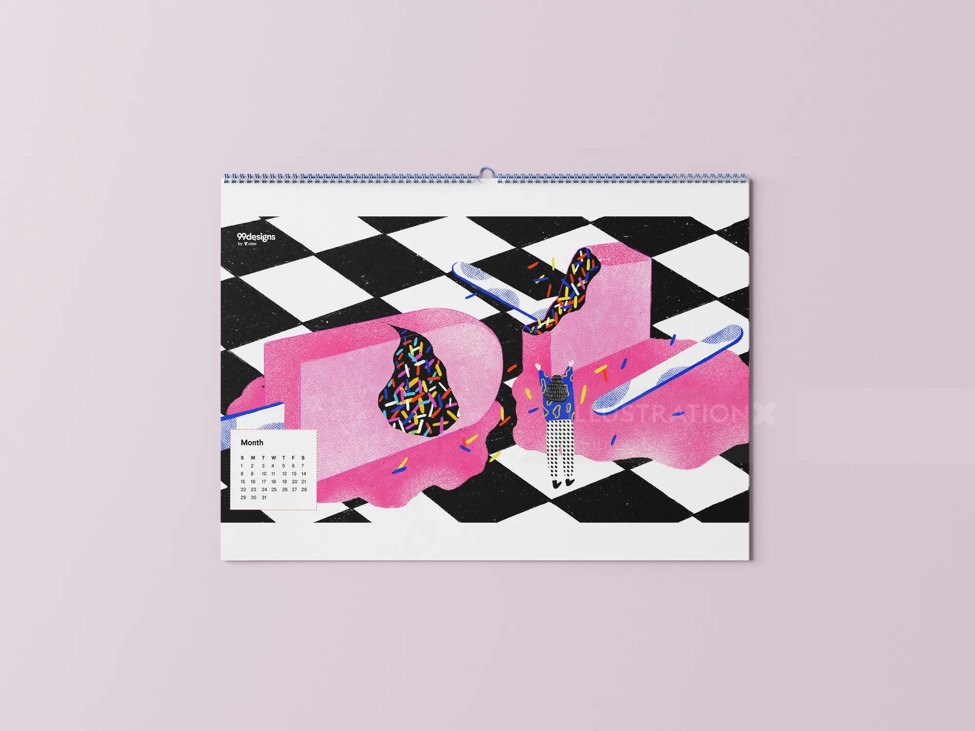 2022 calendar page with colorful sprinkle ice cream art on checkered floor