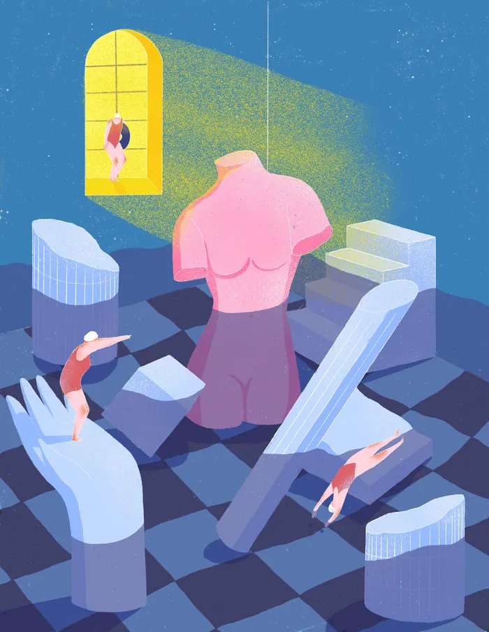 Surreal scene with swimmers and large pink torso sculpture indoors