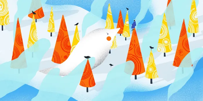 White bird among stylized orange and yellow cone-shaped trees