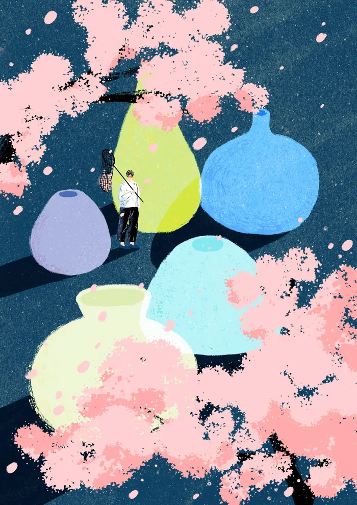 Person fishing near large colorful vases with pink blossoms