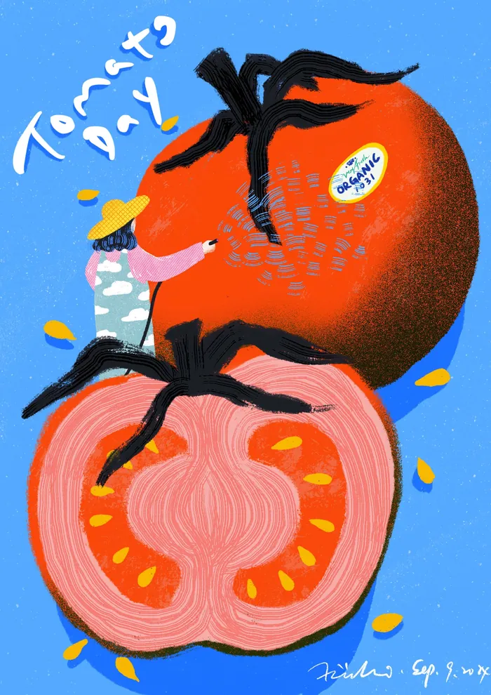 Illustration of two large tomatoes with a person and text Tomato Day