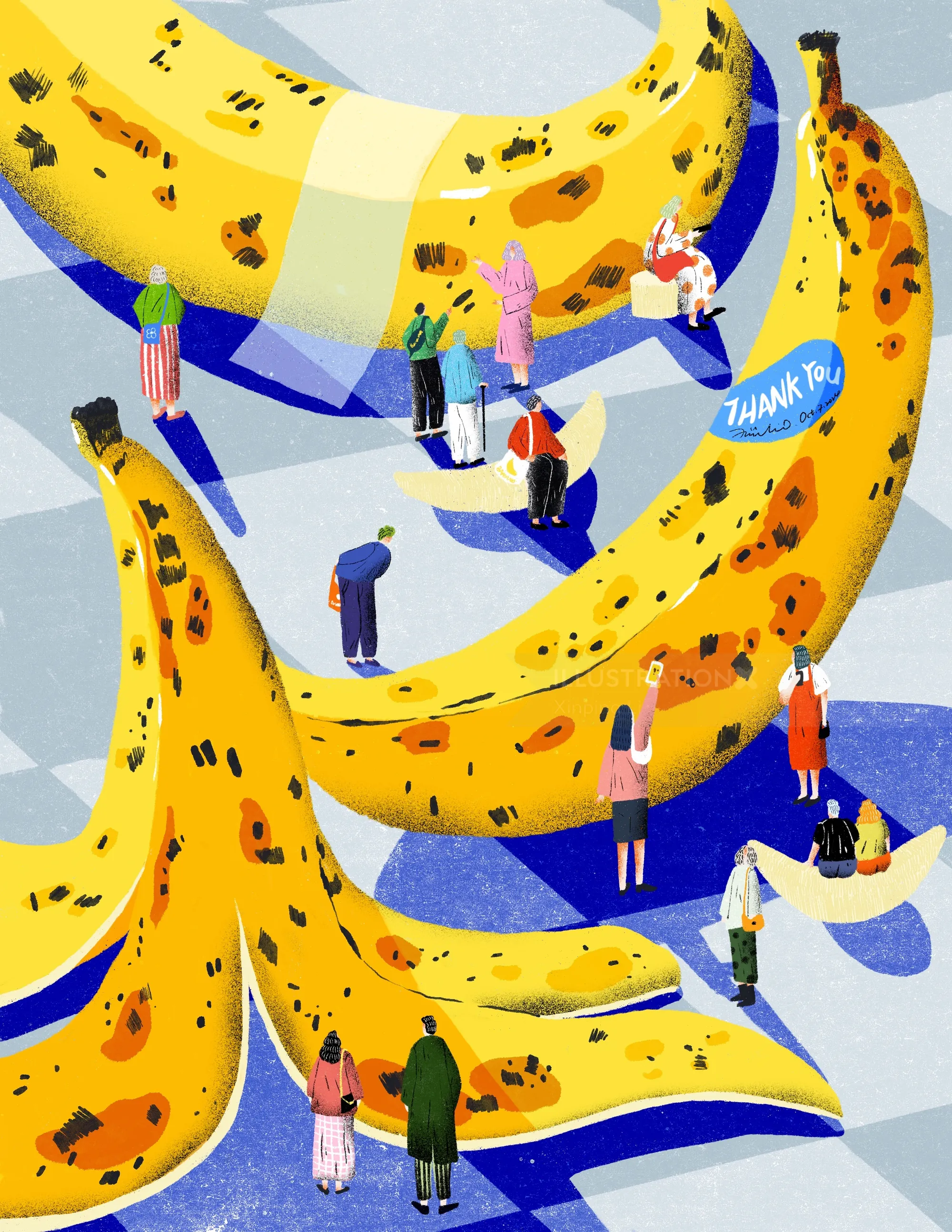 Miniature people interacting with giant spotted bananas in exhibition
