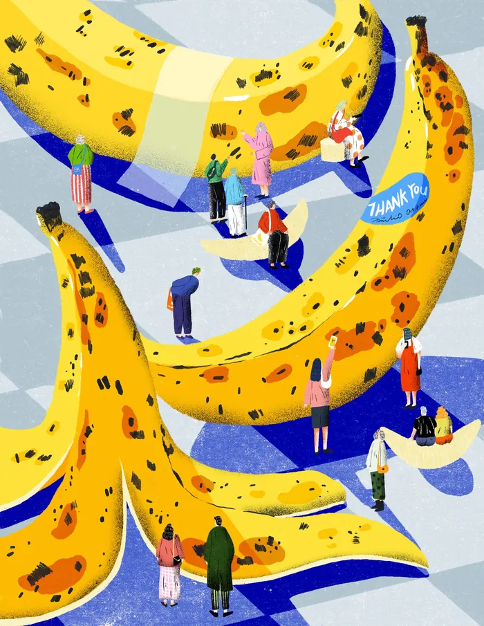 Miniature people interacting with giant spotted bananas in exhibition