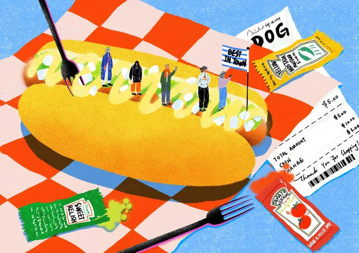 Illustration of a hot dog with miniature people and condiments on a checkered cloth