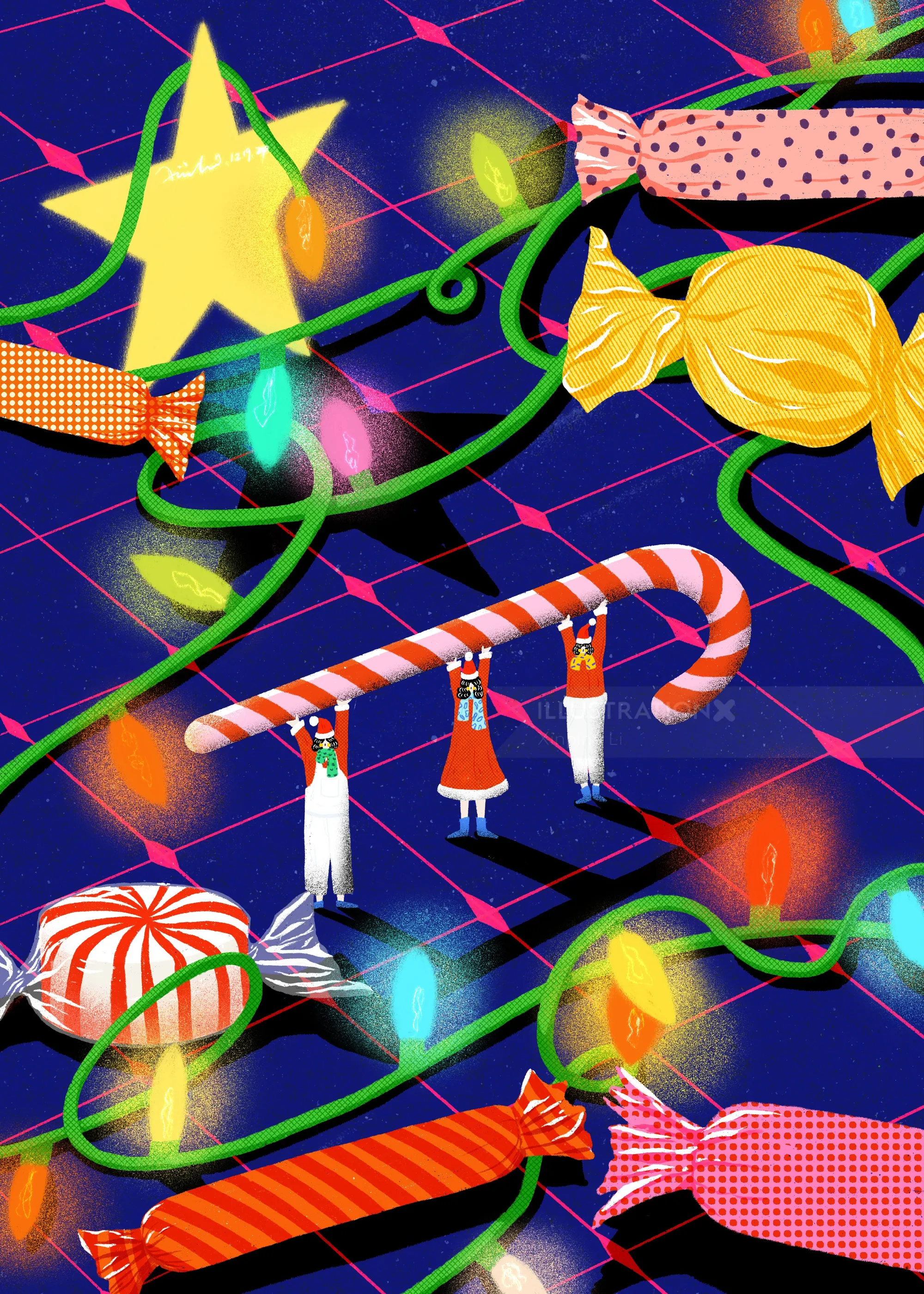 Miniature people carrying a candy cane among colorful sweets and lights