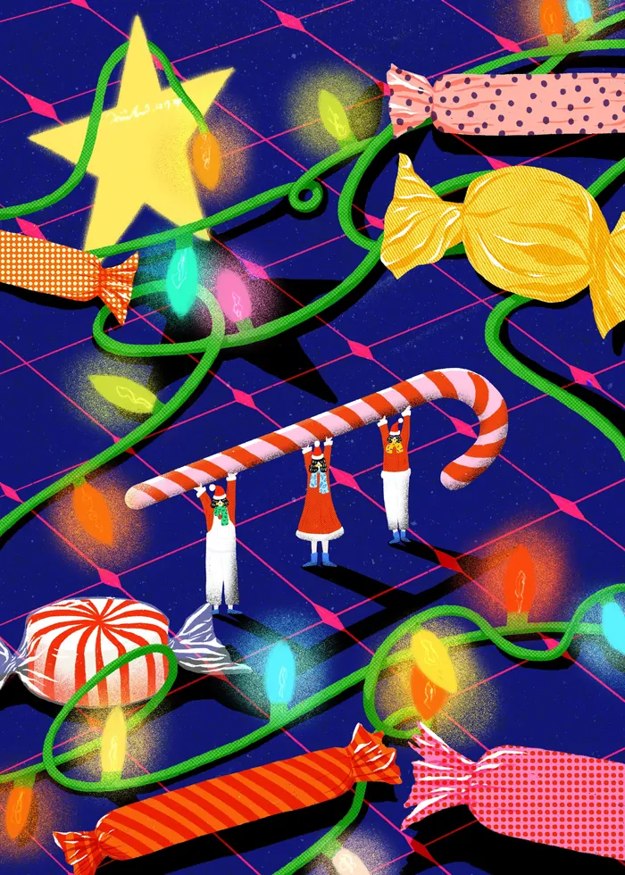 Miniature people carrying a candy cane among colorful sweets and lights