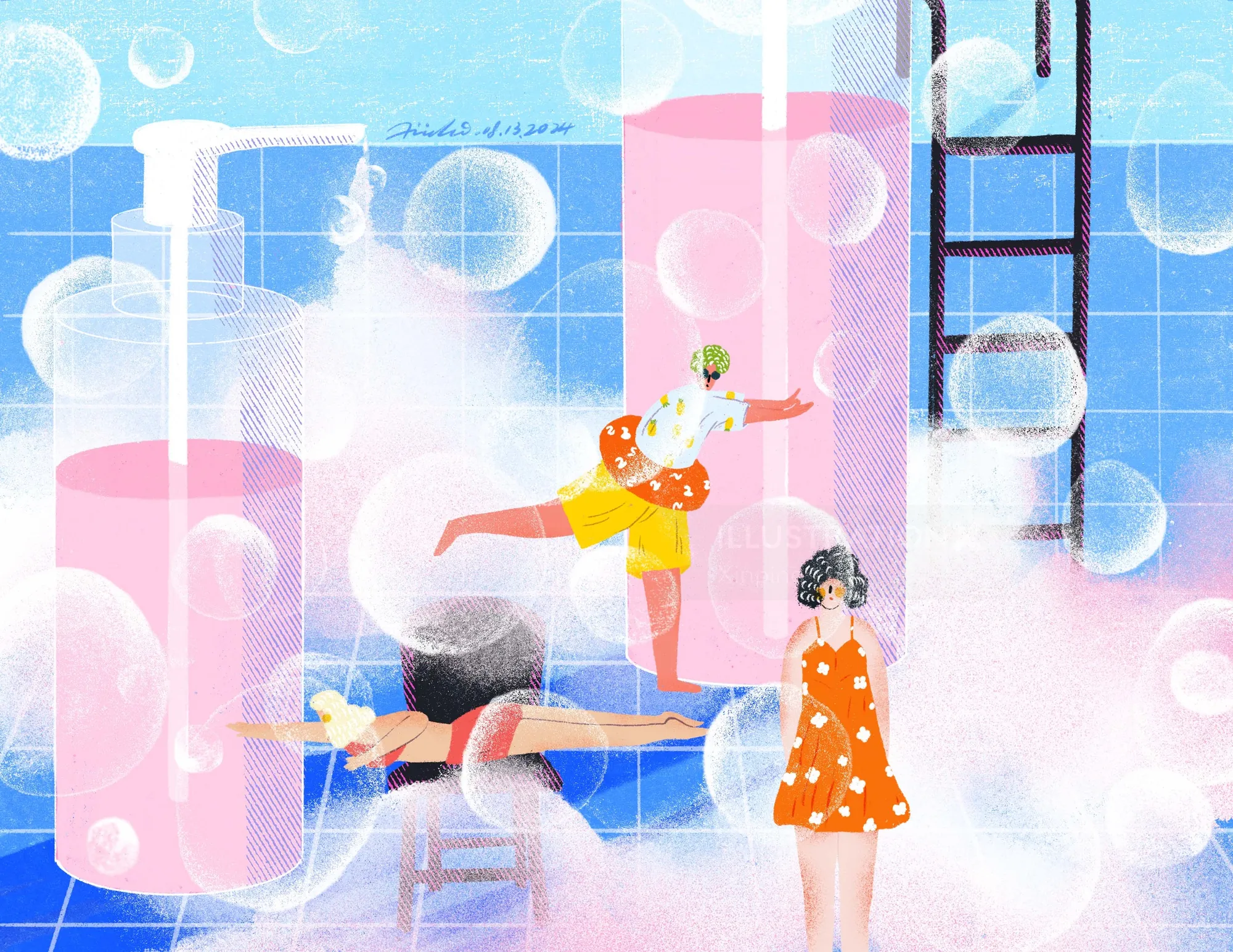 Children playing in a bubbly pool with large soap bubbles