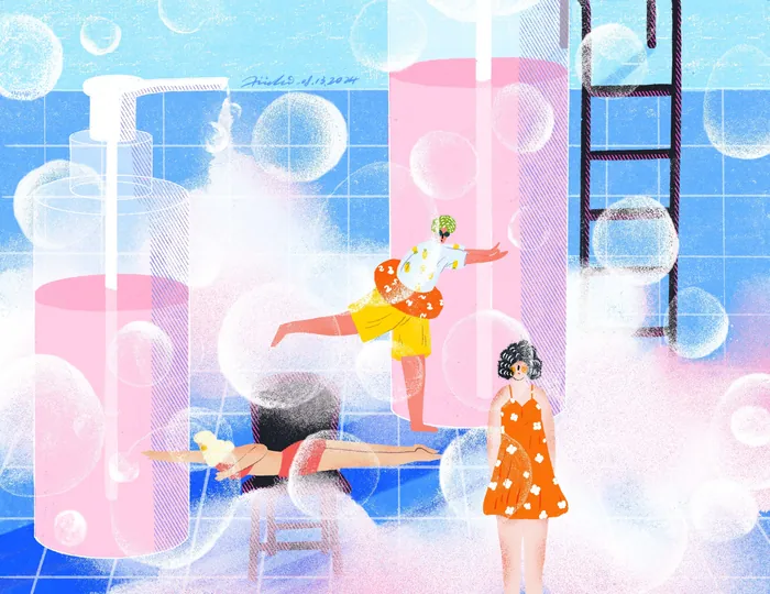 Children playing in a bubbly pool with large soap bubbles