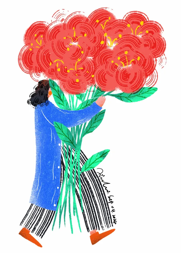 Person in blue coat carrying large bouquet of red flowers