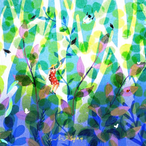 Colorful abstract forest with intertwined branches and leaves