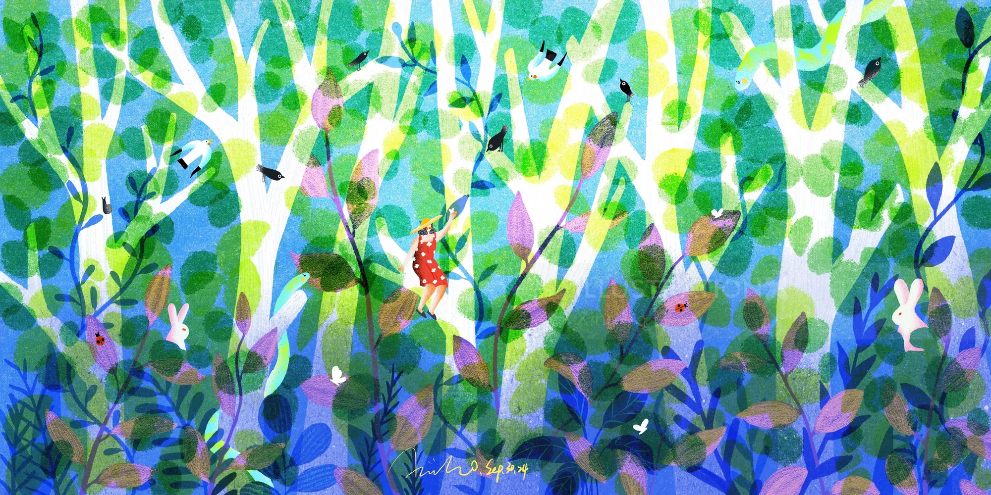 Colorful abstract forest with intertwined branches and leaves