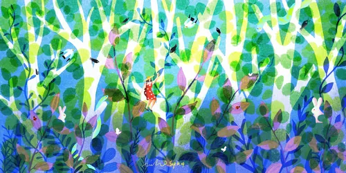 Colorful abstract forest with intertwined branches and leaves